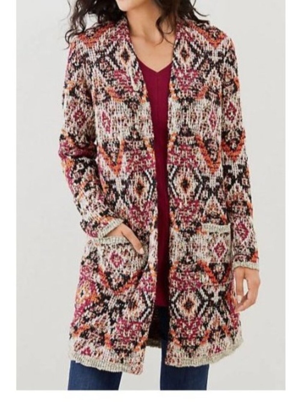 J. Jill Open Front Cardigan Multicolor Diamond Knit Cotton Blend Small